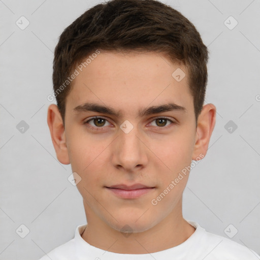 Neutral white young-adult male with short  brown hair and brown eyes