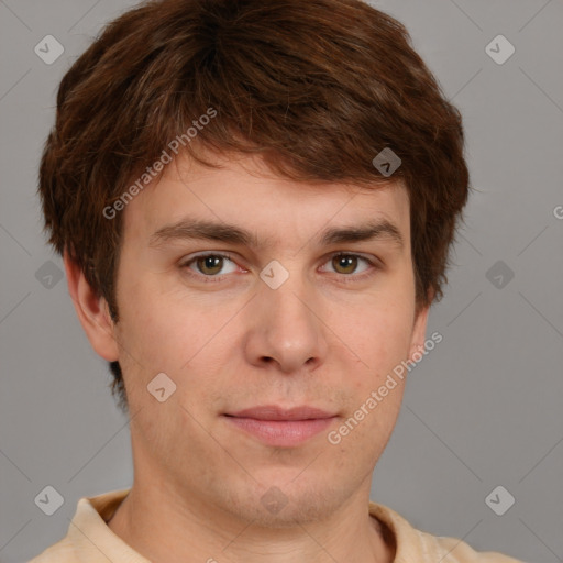 Neutral white young-adult male with short  brown hair and brown eyes