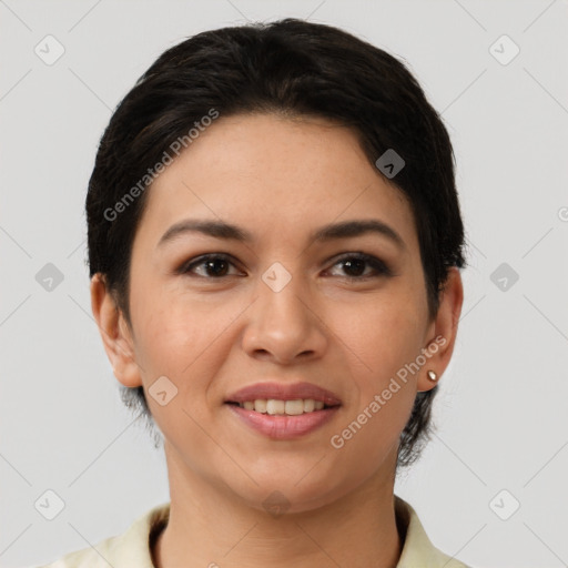 Joyful white young-adult female with short  brown hair and brown eyes