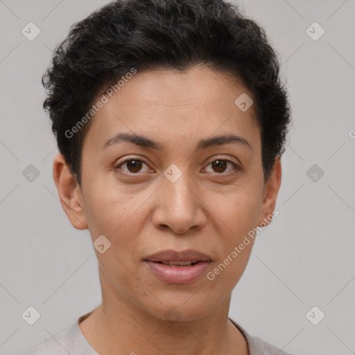 Joyful white adult female with short  brown hair and brown eyes