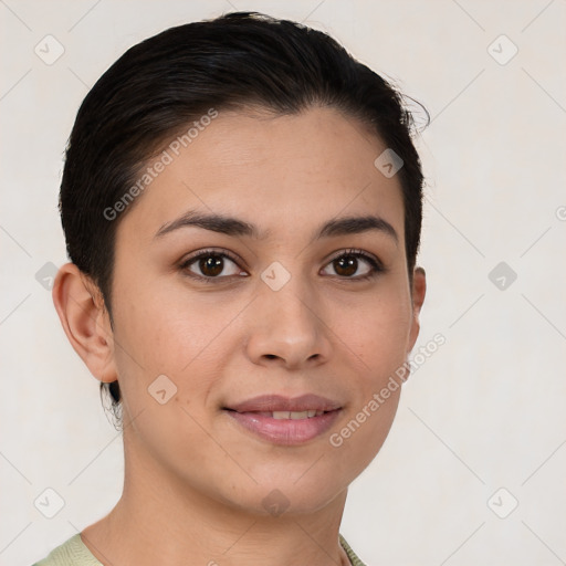 Joyful white young-adult female with short  brown hair and brown eyes