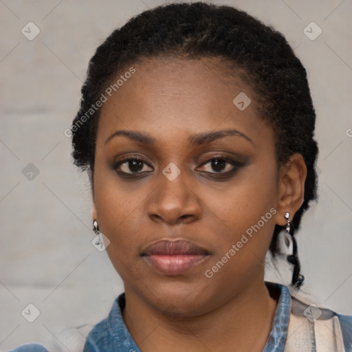 Neutral black young-adult female with short  black hair and brown eyes