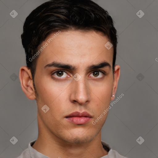 Neutral white young-adult male with short  brown hair and brown eyes