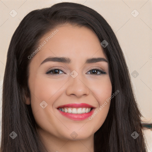 Joyful white young-adult female with long  black hair and brown eyes