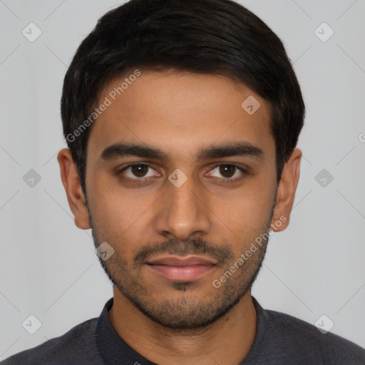 Neutral latino young-adult male with short  brown hair and brown eyes