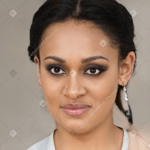 Joyful latino young-adult female with medium  black hair and brown eyes