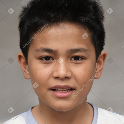 Joyful white child male with short  brown hair and brown eyes
