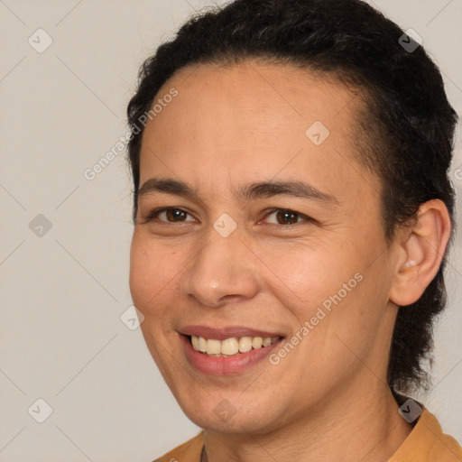 Joyful white young-adult female with medium  brown hair and brown eyes