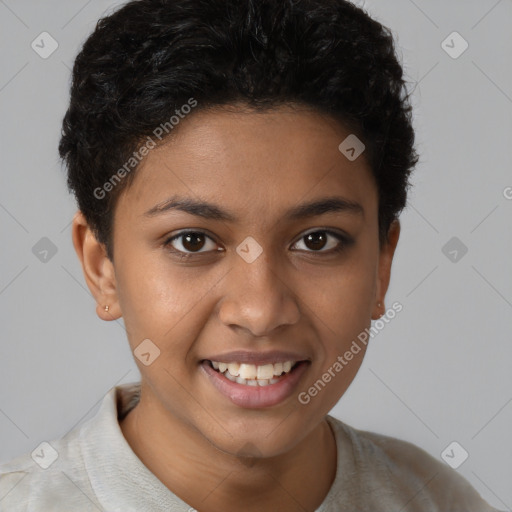 Joyful latino young-adult female with short  brown hair and brown eyes