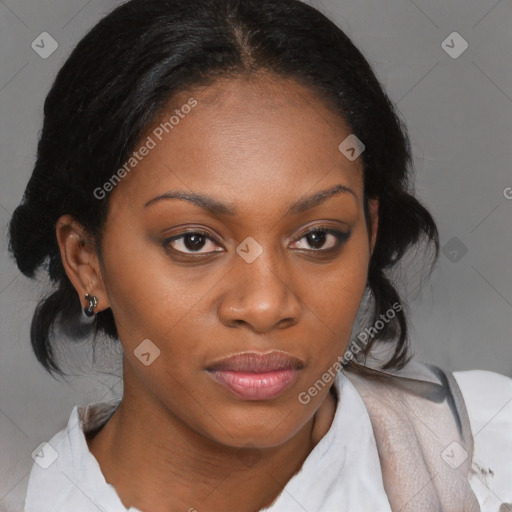 Joyful black young-adult female with medium  brown hair and brown eyes