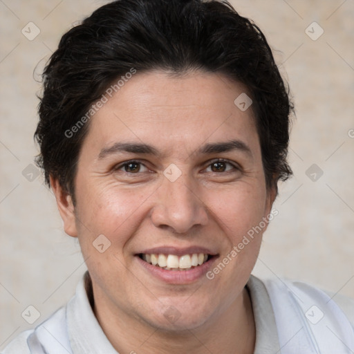 Joyful white adult female with short  brown hair and brown eyes