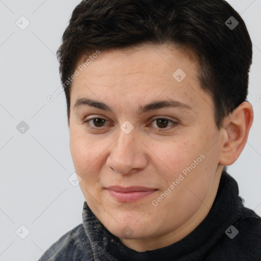 Joyful white young-adult female with short  brown hair and brown eyes