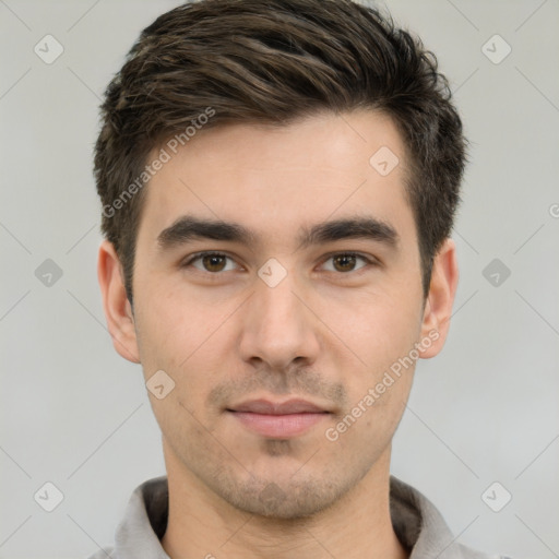 Neutral white young-adult male with short  brown hair and brown eyes