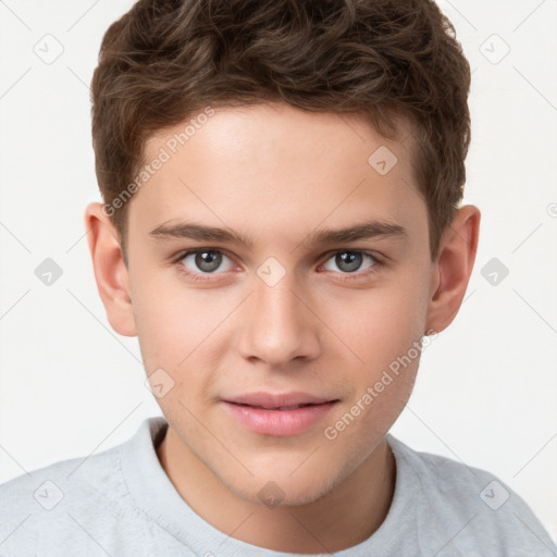 Joyful white child male with short  brown hair and brown eyes