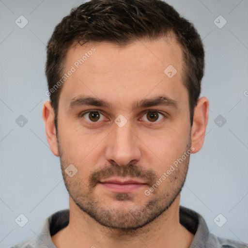 Neutral white young-adult male with short  brown hair and brown eyes