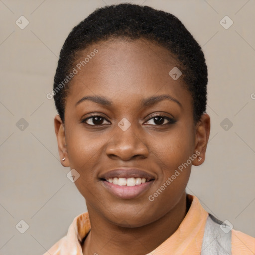 Joyful black young-adult female with short  black hair and brown eyes