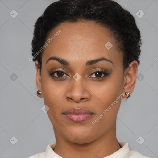 Joyful latino young-adult female with short  black hair and brown eyes