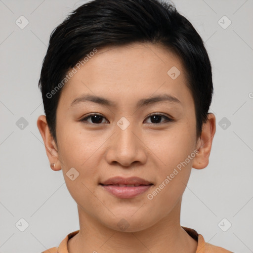 Joyful asian young-adult female with short  brown hair and brown eyes