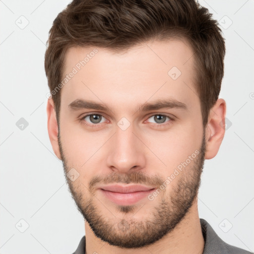 Neutral white young-adult male with short  brown hair and brown eyes