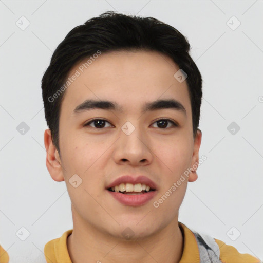 Joyful asian young-adult male with short  black hair and brown eyes