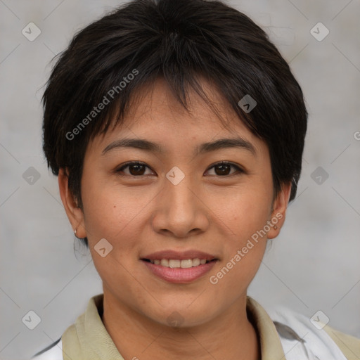 Joyful asian young-adult female with short  brown hair and brown eyes