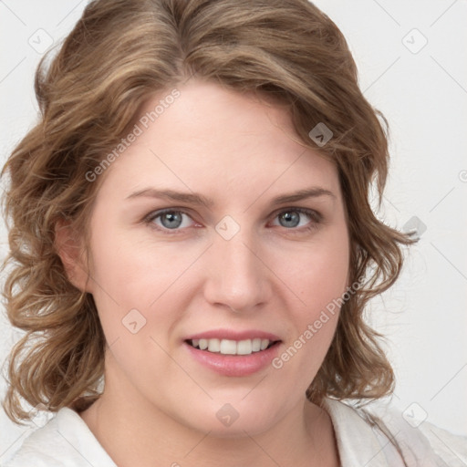 Joyful white young-adult female with medium  brown hair and green eyes