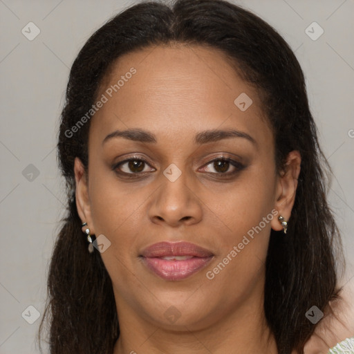 Joyful latino young-adult female with long  brown hair and brown eyes