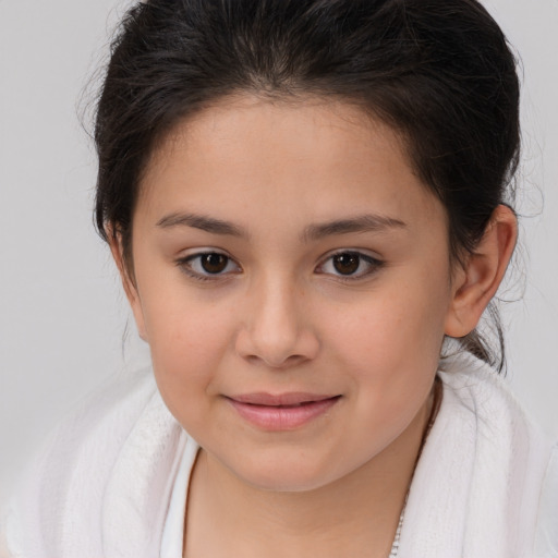 Joyful white child female with medium  brown hair and brown eyes