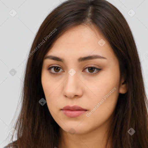 Neutral white young-adult female with long  brown hair and brown eyes