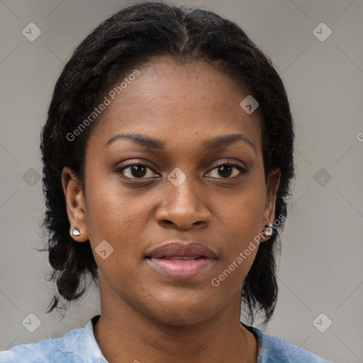 Joyful black young-adult female with medium  brown hair and brown eyes