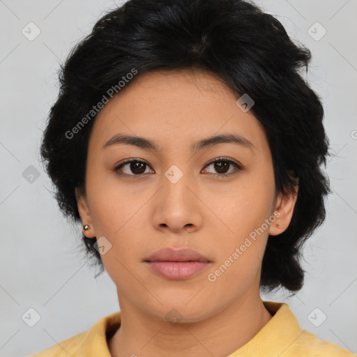 Neutral asian young-adult female with medium  brown hair and brown eyes