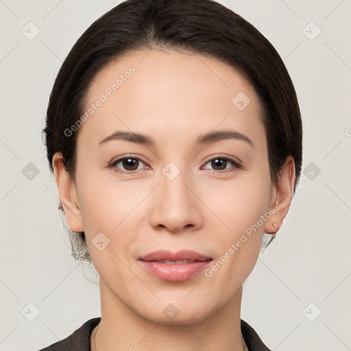 Joyful white young-adult female with medium  brown hair and brown eyes