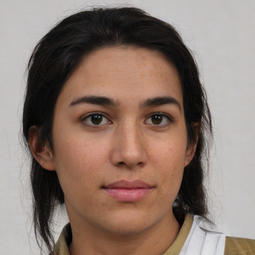 Neutral asian young-adult female with medium  brown hair and brown eyes