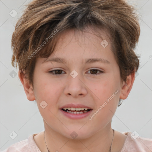 Joyful white child female with short  brown hair and brown eyes