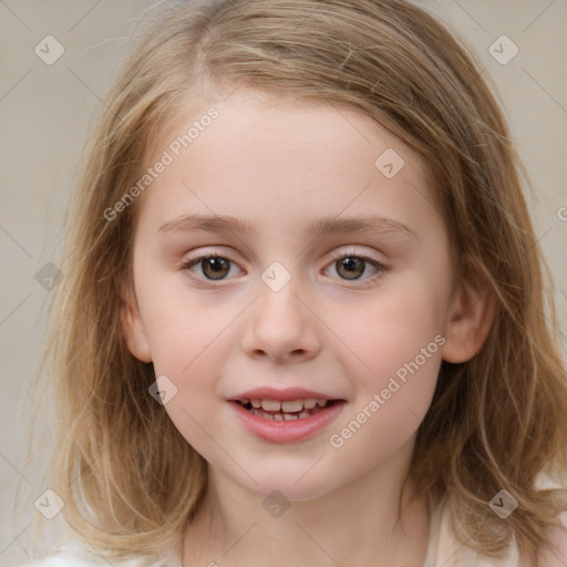 Joyful white child female with medium  brown hair and brown eyes