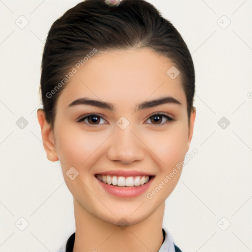 Joyful white young-adult female with medium  black hair and brown eyes