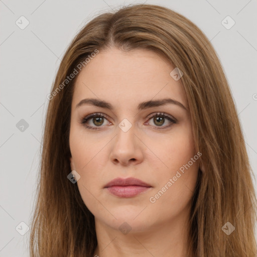 Neutral white young-adult female with long  brown hair and brown eyes