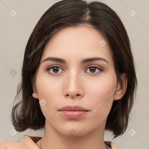 Neutral white young-adult female with medium  brown hair and brown eyes