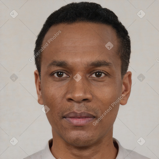 Neutral black young-adult male with short  black hair and brown eyes
