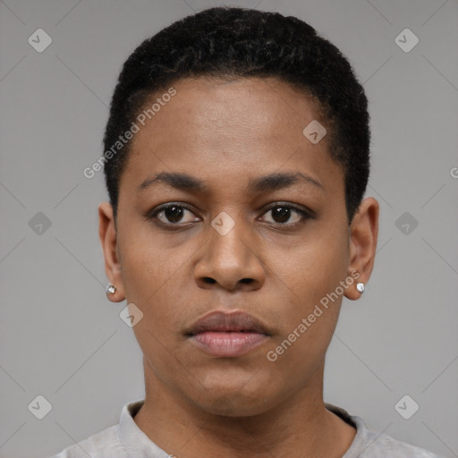 Neutral black young-adult female with short  black hair and brown eyes