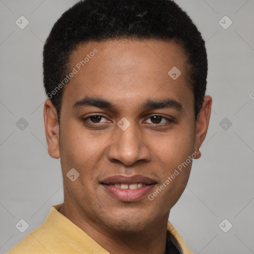 Joyful latino young-adult male with short  black hair and brown eyes