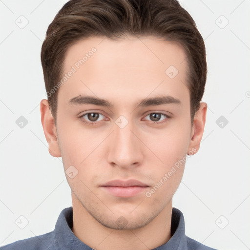 Neutral white young-adult male with short  brown hair and brown eyes