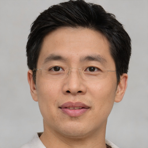 Joyful asian adult male with short  brown hair and brown eyes