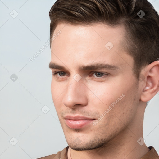 Neutral white young-adult male with short  brown hair and brown eyes