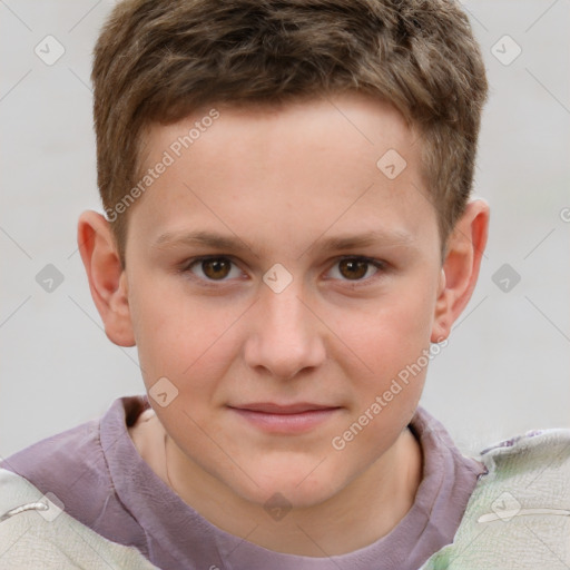 Joyful white child male with short  brown hair and brown eyes