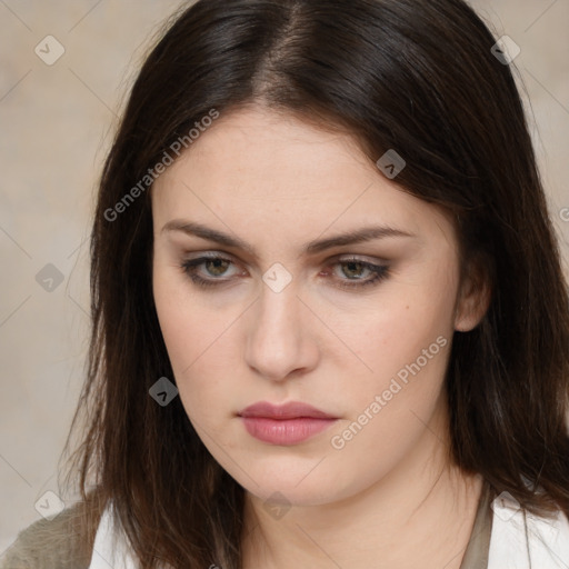 Neutral white young-adult female with long  brown hair and brown eyes