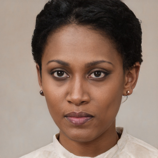 Neutral latino young-adult female with short  black hair and brown eyes