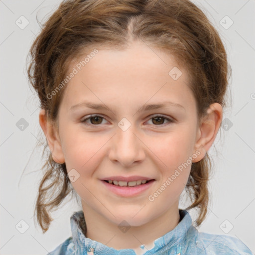 Joyful white child female with medium  brown hair and grey eyes