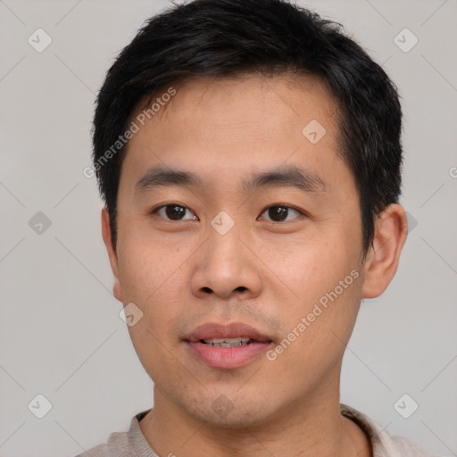 Neutral asian young-adult male with short  black hair and brown eyes