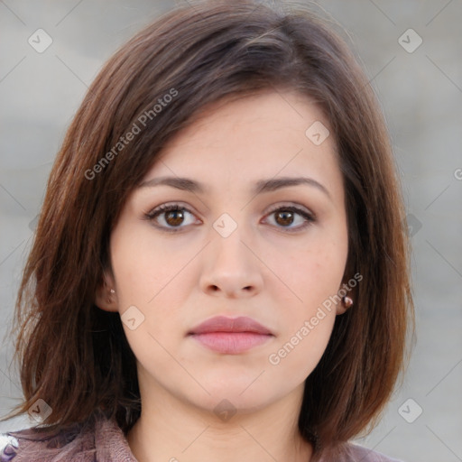 Neutral white young-adult female with medium  brown hair and brown eyes